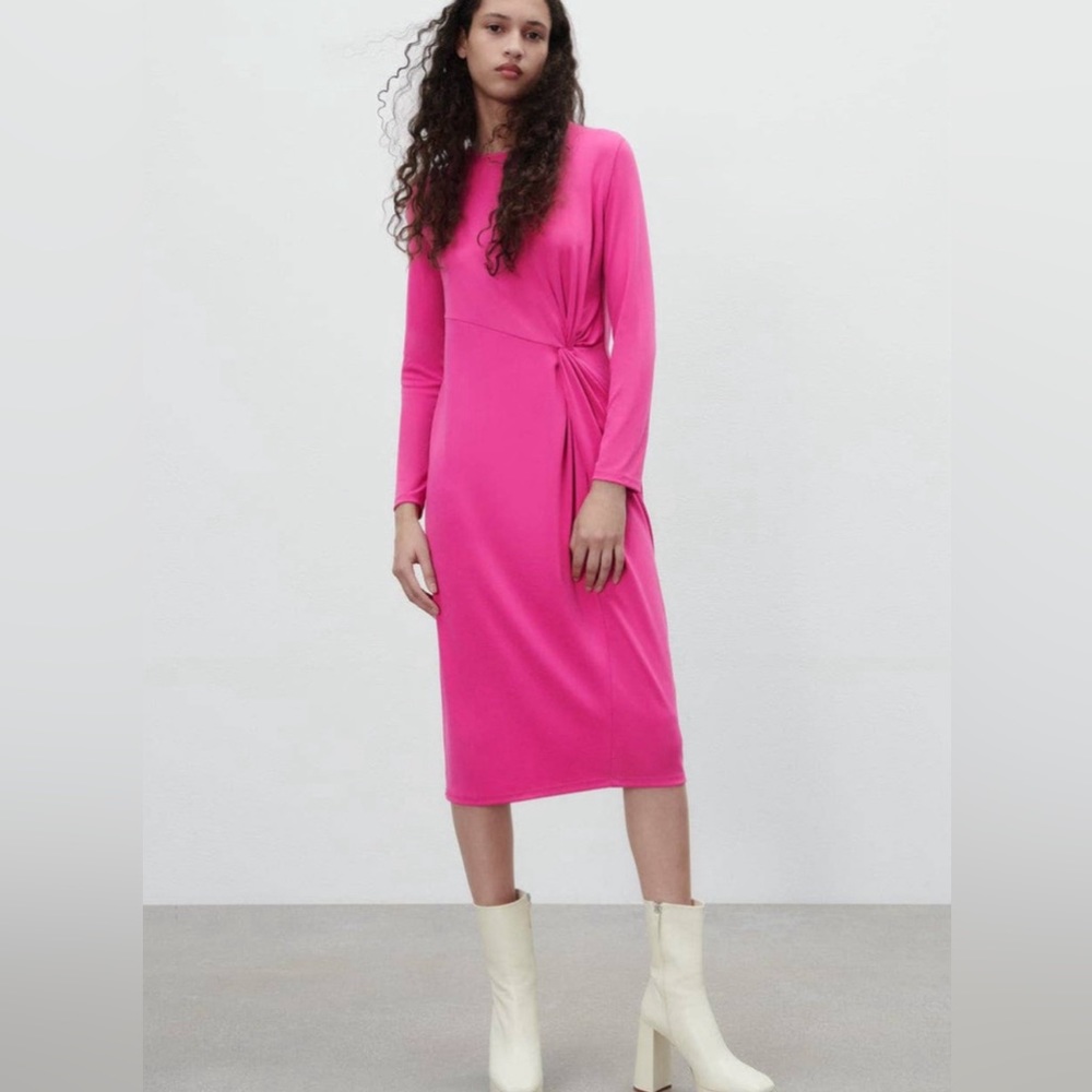 Zara Long Sleeve Midi Dress with Front Ruching / Tie in Hot Pink